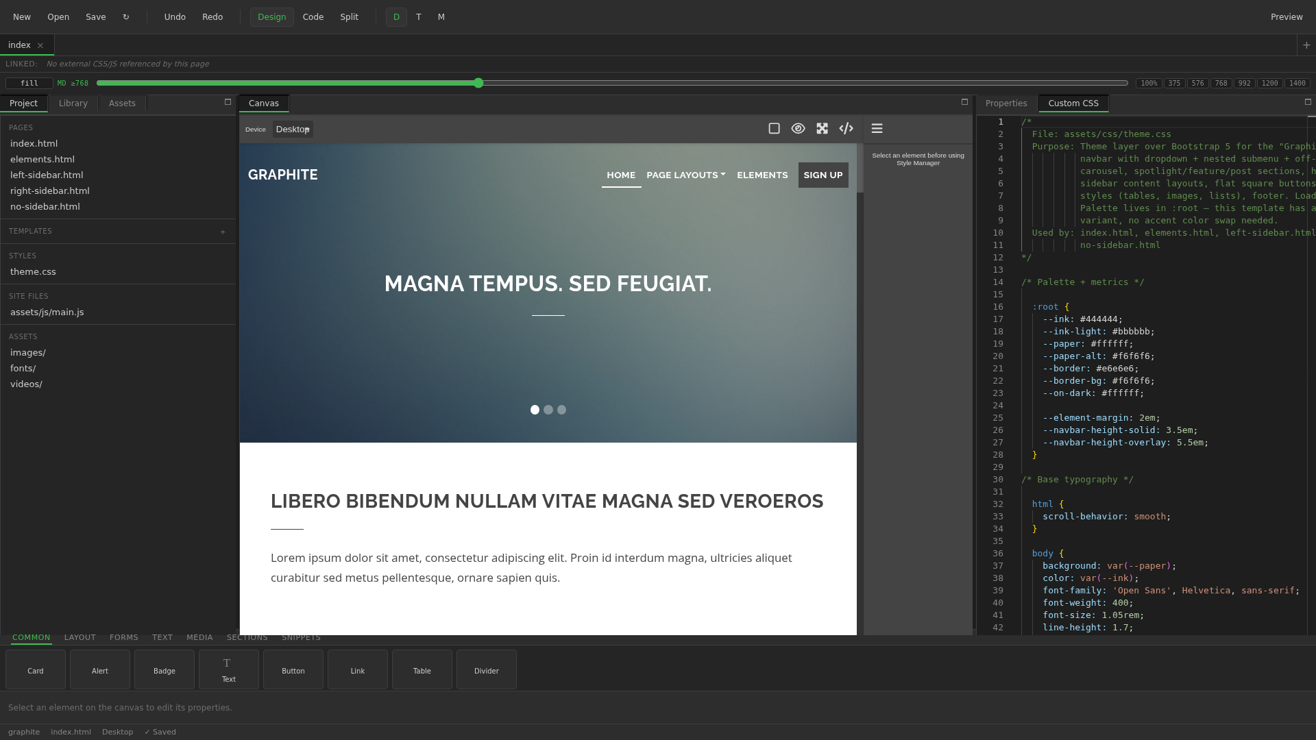GrapeStrap editor in dark theme with a Graphite starter project open: project file tree on the left, the Bootstrap page with hero carousel on the canvas, and the Custom CSS Monaco panel on the right.